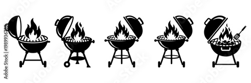 Set of BBQ kettle grill icons with fire. Black silhouette vector elements with transparent PNG background for picnic and food designs.