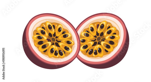 Two halves of a ripe purple passion fruit reveal a luscious yellow interior packed with glossy dark seeds against a clean white background with soft shadows.