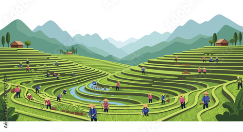 Lush green terraced rice fields curve gracefully along steep mountain slopes where many farmers tend to crops near small wooden huts in the valley.