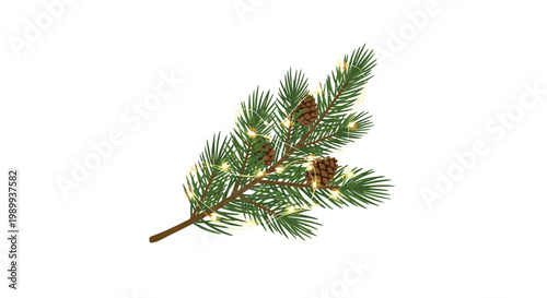 A single detailed green pine branch featuring three textured brown pine cones is elegantly wrapped in a glowing string of warm yellow fairy lights.
