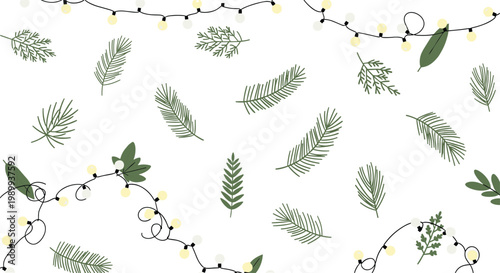 A charming festive pattern featuring various green pine needles and delicate strings of glowing warm yellow and white fairy lights across a white backdrop.
