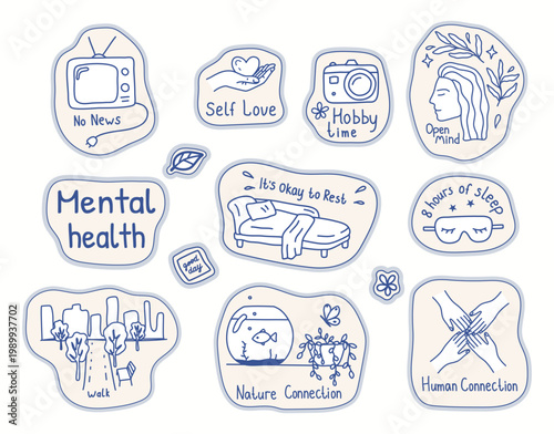 Hand drawn vector illustrations about mental health self love and psychology support. Set of linear stickers with lettering and care concepts like sleep nature human connection rest and digital detox.