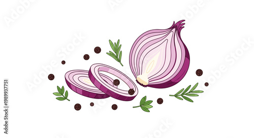 A fresh half-cut red onion rests gracefully beside two separate onion rings and scattered black peppercorns accompanied by delicate green herb sprigs.