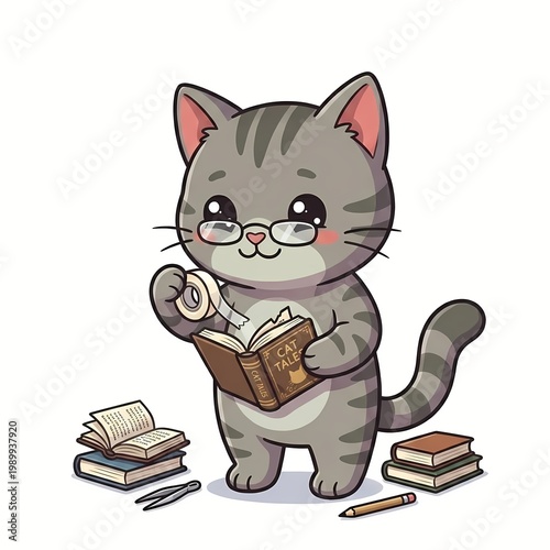 Cute Kawaii Gray Cat Librarian Repairing a Book with Tape - Chibi Kitten Wearing Glasses with Books and Stationery Vector Illustration