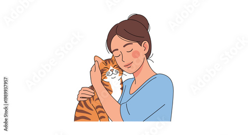 A serene woman with her hair in a neat bun warmly embraces a striped ginger tabby cat that rests its head against her cheek in a very loving manner.