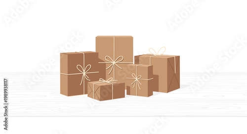 Multiple brown kraft paper gift boxes of varying sizes are neatly arranged on a light-colored wooden surface against a clean white minimalist background.