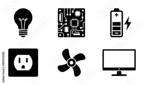 Electronics and electrical hardware icon set, black solid vector symbols of circuit board and battery, modern technology and power supply elements