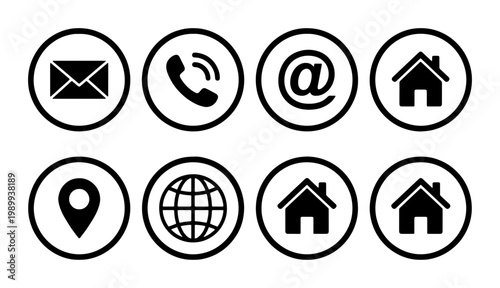 Minimalist contact icons set, black communication symbols in circles, 8 vector web buttons for business cards and website interface design