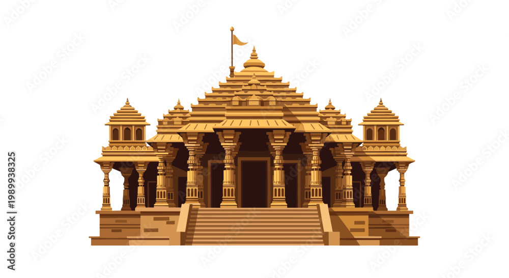 Fototapeta premium A magnificent golden-brown Hindu temple featuring intricate carvings and multiple tiered domes stands majestically against a pristine white background.
