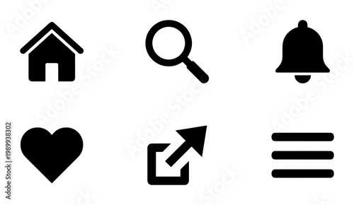 Minimalist web icon set, black solid vector symbols for mobile app interface, set of 6 essential navigation and social media UI elements
