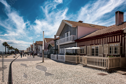 Costa Nova, Aveiro, Portugal: colorful striped houses called Palheiros at street