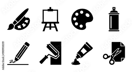 Minimalist art supplies icon set, black silhouette painting tools collection, 8 vector graphic symbols for creative studio and design workshop