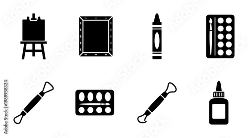 Minimalist art supplies icon set, black silhouette artist tools collection, creative studio equipment symbols, 8 vector icons for painting and crafting