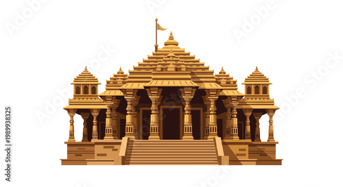 A magnificent golden-brown Hindu temple featuring intricate carvings and multiple tiered domes stands majestically against a pristine white background.