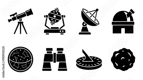 Astronomy and space exploration icons, set of 8 black solid vector symbols, observatory and telescope equipment for science education
