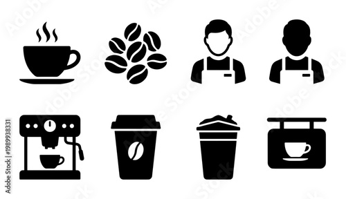 Minimalist coffee shop icons set, black barista and cafe equipment symbols, 8 vector elements for restaurant branding and menu design