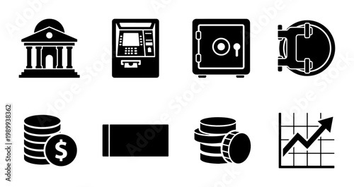 Banking and finance icon set, 8 black solid vector elements for economy and money management, financial services and investment symbols
