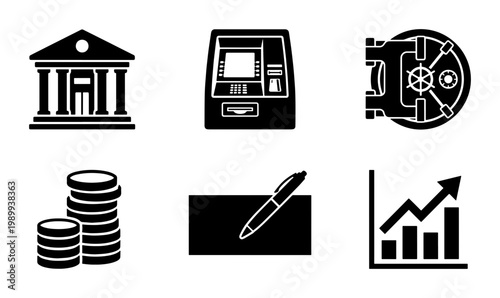 Banking and finance icon set, black solid vector symbols of ATM and bank building, financial growth chart and currency coins, 6 professional icons