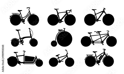 Bicycle silhouette collection, set of 9 bike icons including mountain, road, tandem and vintage penny farthing, black vector transport graphics
