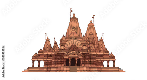 This intricate traditional Hindu temple showcases elaborate stone carvings and multiple tiered spires under a bright clear sky with warm terracotta tones.