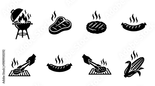 Barbecue grill icon set with 8 black vector elements, BBQ meat and steak silhouettes, outdoor cooking symbols for restaurant menus and summer party designs