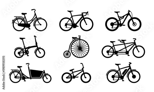 Bicycle silhouette collection, 9 bike icons set including mountain bike and road cycle, vintage penny farthing and tandem bicycle vector illustrations