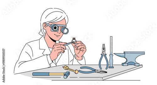 A professional jeweler wearing specialized magnifying loupes meticulously repairs a delicate gemstone ring at a cluttered workbench filled with metalworking tools.