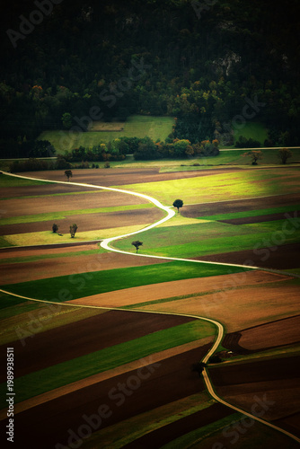 Sunlit Farmland Landscape in Austria, beautiful view with the roads