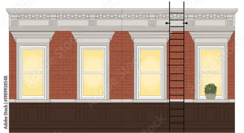 This classic red brick building facade displays four illuminated yellow windows and a prominent black metal fire escape ladder against a neutral grey sky.