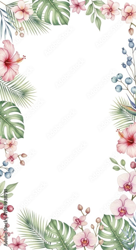 Obraz premium Watercolor Tropical Floral Frame with Hibiscus Orchids and Palm Leaves.