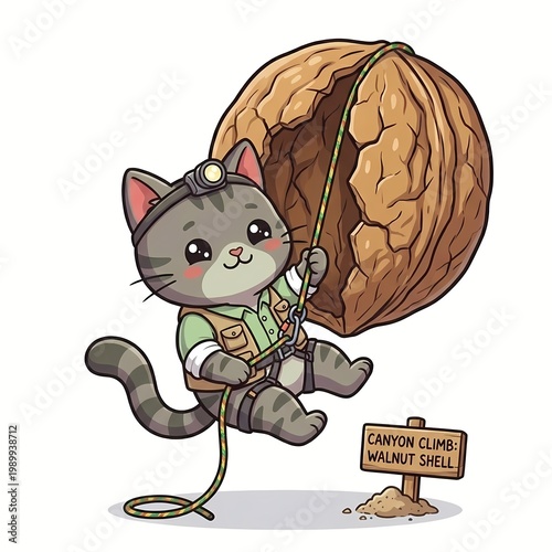 Cute Kawaii Gray Cat Rock Climbing on Giant Walnut Shell - Chibi Explorer Kitten in Hiking Gear Vector Illustration