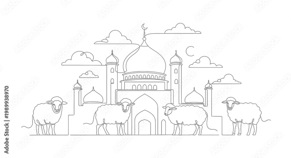 Naklejka premium Eid al-Adha Islamic festival, sheep and mosque, continuous line drawing, cultural celebration