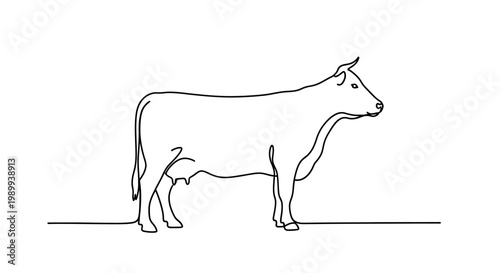 Minimalist continuous line drawing of a cow standing, simple farm animal illustration