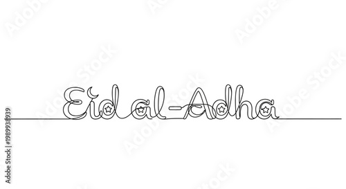 Eid al-Adha calligraphy with moon and stars, continuous line art