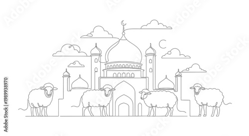 Eid al-Adha Islamic festival, sheep and mosque, continuous line drawing, cultural celebration