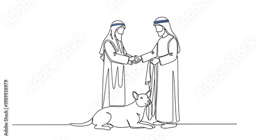 Middle Eastern Businessmen Shaking Hands, Dog Lying Down, Partnership Agreement