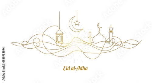 Elegant Eid al-Adha Islamic Line Art: Mosque, Lantern, Crescent Moon on White