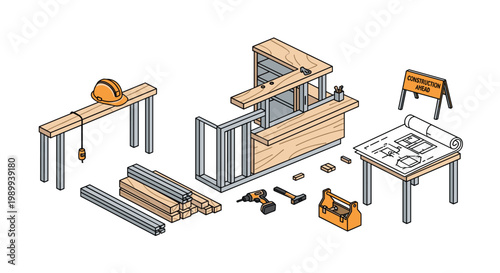 An isometric collection of construction elements is displayed on a clean white background featuring wooden beams and metal studs with orange safety gear.