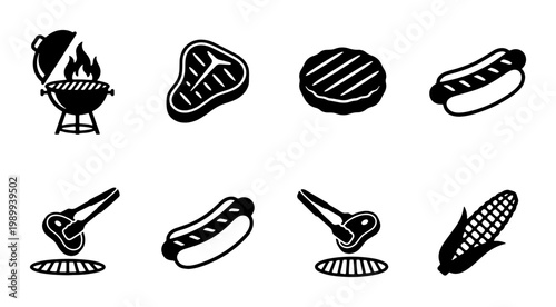 Barbecue grill and meat icon set, black and white BBQ vector elements, 8 minimalist food symbols for summer cookout menus and restaurant branding