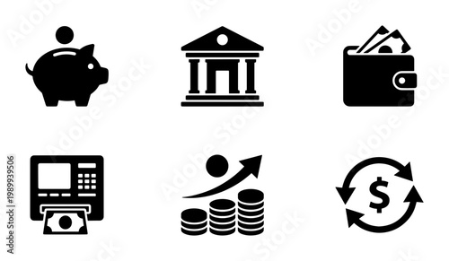 Banking and finance icon set, black minimalist money symbols, collection of 6 financial vector elements for business apps and web design