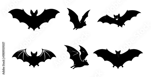 Halloween bat silhouettes set, black flying bats vector icons, spooky nocturnal animal collection for gothic party decor and holiday design