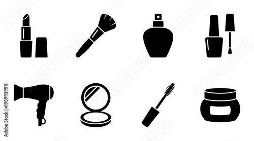 Cosmetic beauty icons set, black silhouette makeup products and skincare tools, 8 vector elements for salon branding and fashion web design