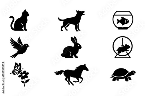 Minimalist pet animal silhouettes, set of 9 black vector icons, domestic animal and wildlife symbols for veterinary clinic branding and pet shop signage