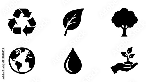 Eco friendly icons set, black ecology symbols collection, 6 environmental vector signs including recycle logo, leaf, tree, globe, water drop and sprout