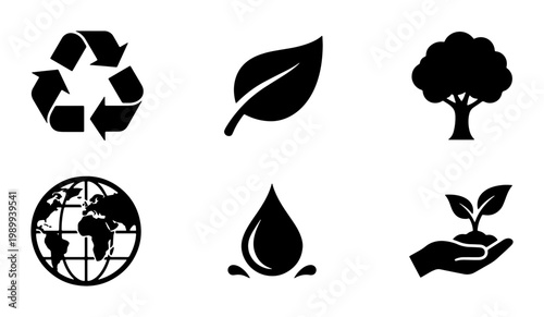 Eco friendly environment icon set, black silhouette recycling and nature symbols, 6 vector elements for sustainable branding and green energy projects