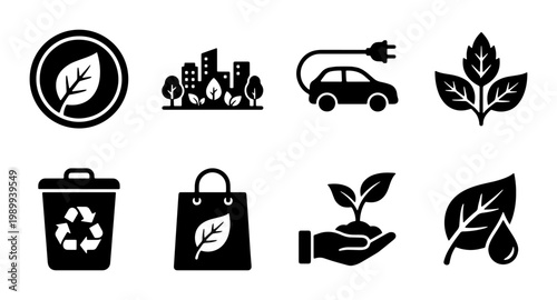Eco friendly icon set with 8 black vector symbols, sustainability and green energy icons, recycling and electric car graphics for environmental conservation