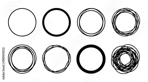 Hand drawn circle frames set, 8 black ink sketch round borders, messy scribble ring icons, minimalist circular line art vector collection