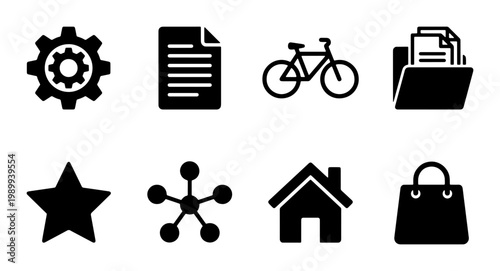 Minimalist black web icon set, collection of 8 flat vector symbols, modern interface elements for business and navigation apps