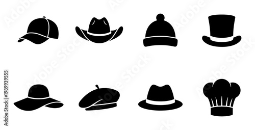 Minimalist hat icon set with 8 black silhouettes, fashion headwear collection including cowboy hat and baseball cap, flat vector headgear illustrations