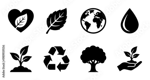 Eco friendly icon set with 8 black vector symbols, environmental sustainability icons, nature conservation and recycling signs for green branding